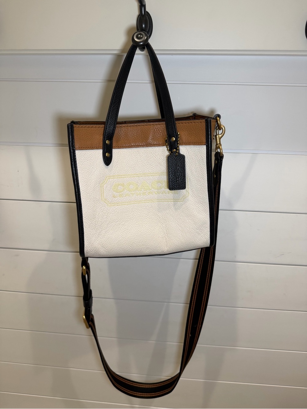 Coach Field Tote 22 White, Tan & Black Leather Crossbody Bag with Strap